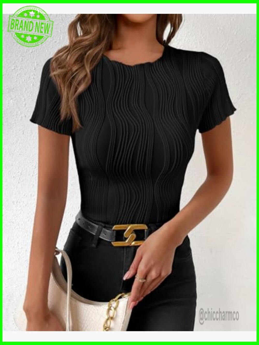 Casual Short Sleeve Crewneck Slim Fit T Shirt Y2K Knit Textured Blouse - Picture 6 of 7